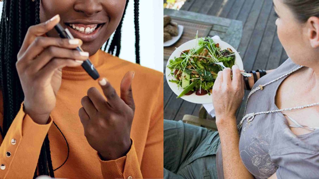 A woman testing her blood sugar level and a woman eating a small plate of low-carb salad.