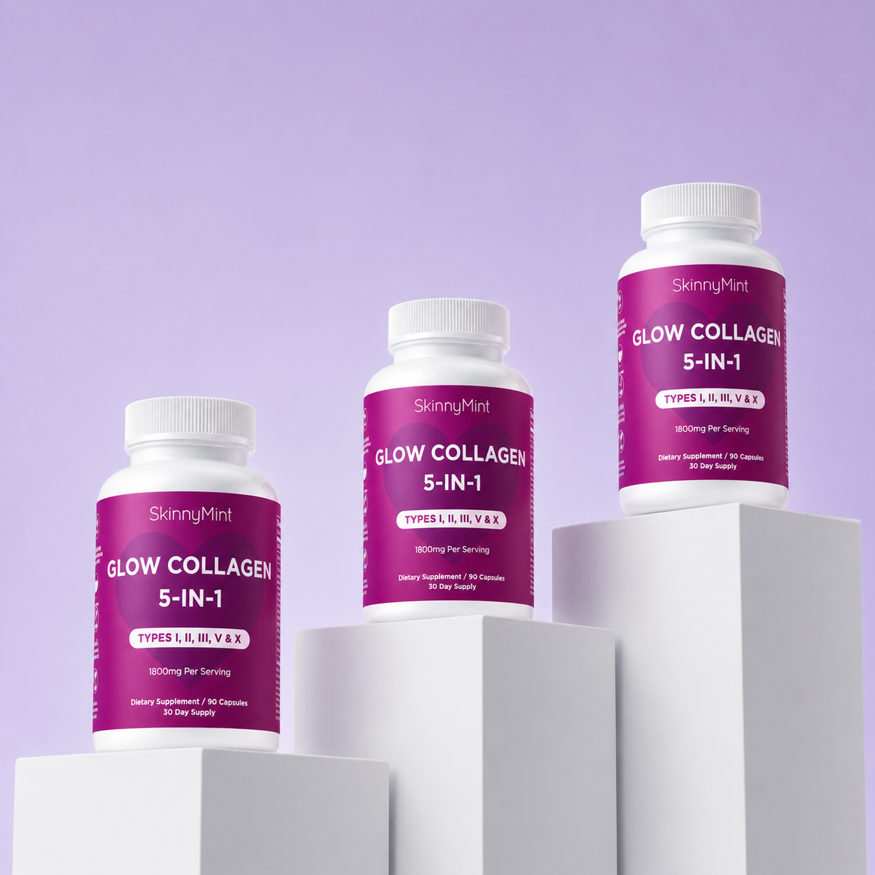 Glow Collagen 5-in-1 supplement bottle close up SM-GLWCOL-90