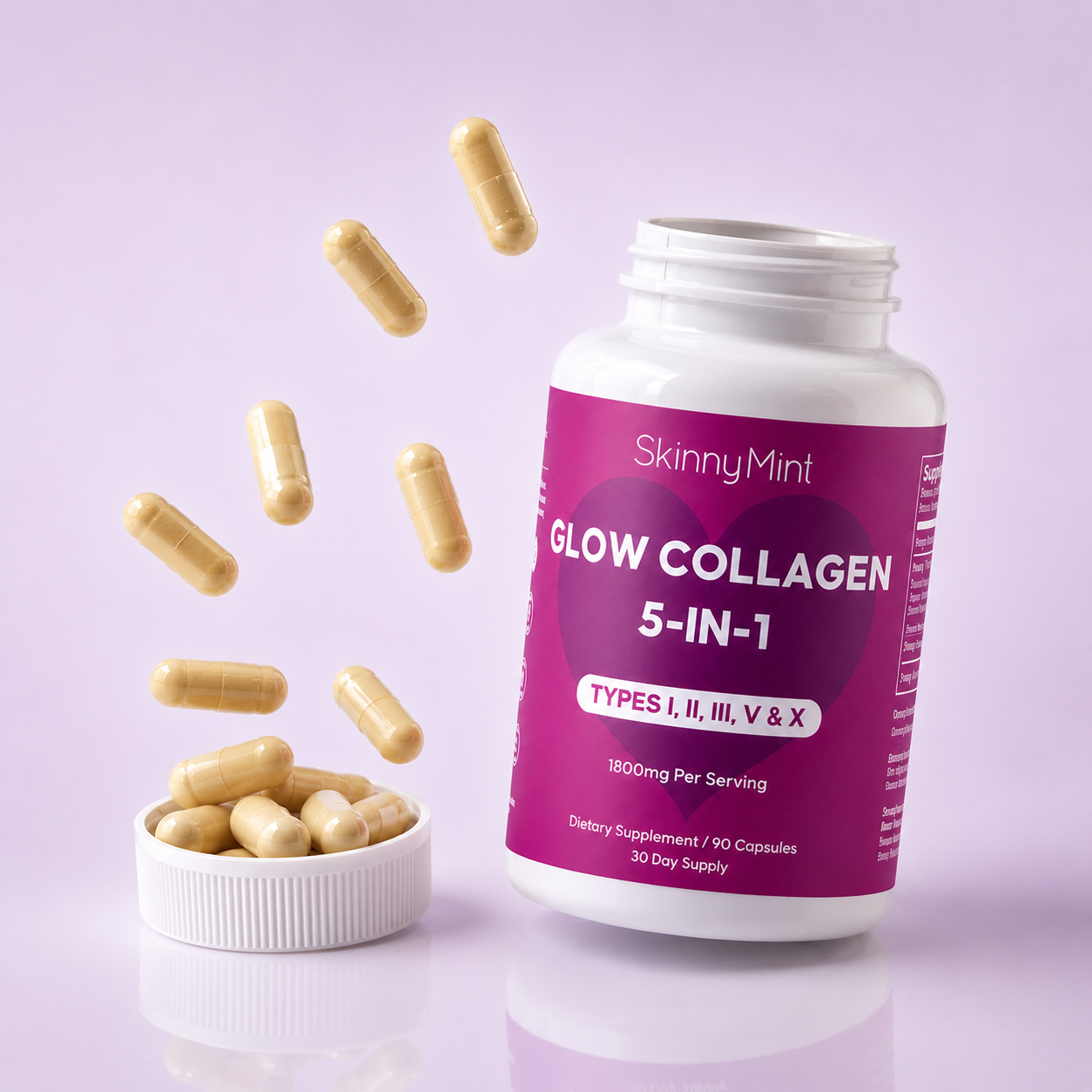 Glow Collagen 5-in-1 supplement bottle angle SM-GLWCOL-90